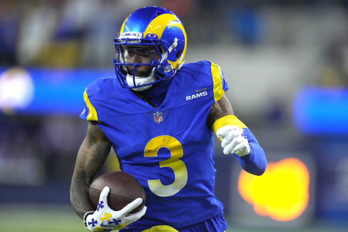 Jan 17, 2022; Inglewood, California, USA; Los Angeles Rams wide receiver Odell Beckham Jr. (3) carries the ball against the Arizona Cardinals during the first half of an NFC Wild Card playoff football game at SoFi Stadium.